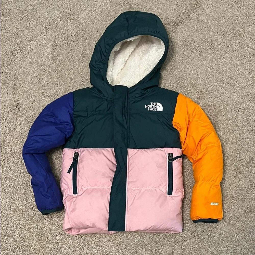 The North Face Colorblock Hooded Puffer Jacket - Green/Pink/Orange/Purple 3T